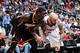 ATLANTA, GA - APRIL 24: Roy Hibbert #55 of the Indiana Pacers fights for position against Pero Antic #6 of the Atlanta Hawks during Game Three of the Eastern Conference Quarterfinals on April 24, 2014 at Philips Arena in Atlanta, Georgia. NOTE TO USER: