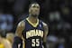 Mar 30, 2014; Cleveland, OH, USA; Indiana Pacers center Roy Hibbert (55) reacts in the third quarter against the Cleveland Cavaliers at Quicken Loans Arena. Mandatory Credit: David Richard-USA TODAY Sports