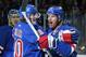 NEW YORK, NY - APRIL 27: Brad Richards #19 of the New York Rangers (R) celebrates his second period goal along with J.T. Miller #10 (L) against the Philadelphia Flyers in Game Five of the First Round of the 2014 NHL Stanley Cup Playoffs at Madison Square