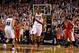 Apr 27, 2014; Portland, OR, USA; Portland Trail Blazers forward LaMarcus Aldridge (12) reacts after making a basket during overtime in game four of the first round of the 2014 NBA Playoffs against the Houston Rockets at the Moda Center. Mandatory Credit: