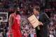 PORTLAND, OR - APRIL 25: James Harden #13 of the Houston Rockets talks to coach, Kevin McHale, against the Portland Trail Blazers in Game Three of the Western Conference Quarterfinals during the 2014 NBA Playoffs on April 25, 2014 at the Moda Center in P