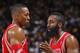 OAKLAND, CA - FEBRUARY 20: Dwight Howard #12 and James Harden #13 of the Houston Rockets during a game against the Golden State Warriors on February 20, 2014 at Oracle Arena in Oakland, California. NOTE TO USER: User expressly acknowledges and agrees that