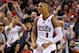 Apr 25, 2014; Portland, OR, USA; Portland Trail Blazers guard Damian Lillard (0) reacts after making a three point basket against the Houston Rockets during the second quarter in game three of the first round of the 2014 NBA Playoffs at the Moda Center. M