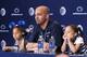 Apr 12, 2014; State College, PA, USA; Penn State Nittany Lions head coach James Franklin answers questions from the media as his daughters Shola Franklin (left) and Addison Franklin (right) look on following the completion of the Blue White spring game at