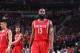 PORTLAND, OR - APRIL 25: James Harden #13 of the Houston Rockets stands on the court during a game against the Portland Trail Blazers in Game Three of the Western Conference Quarterfinals during the 2014 NBA Playoffs on April 25, 2014 at the Moda Center i
