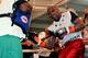 LAS VEGAS, NV - APRIL 22: Boxer Floyd Mayweather Jr. works out with his co-trainer Nate Jones at the Mayweather Boxing Club on April 22, 2014 in Las Vegas, Nevada. Mayweather will face Marcos Maidana in a 12-round world championship unification bout in L