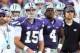 Sep 7, 2013; Manhattan, KS, USA; Kansas State Wildcats quarterbacks Jake Waters (15) and Daniel Sams (4) watch the Wildcats defense during a 48-27 win against the Louisiana-Lafayette Ragin Cajuns at Bill Snyder Family Stadium. Mandatory Credit: Scott Sewe