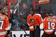 PHILADELPHIA, PA - APRIL 29: Wayne Simmonds #17 of the Philadelphia Flyers celebrates his second goal of the game against the New York Rangers with Andrew MacDonald #47 and Scott Hartnell #19 in Game Six of the First Round of the 2014 Stanley Cup Playoffs