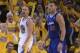 Apr 27, 2014; Oakland, CA, USA; Golden State Warriors guard Stephen Curry (30) celebrates after blocking the shot of Los Angeles Clippers guard J.J. Redick (4, not pictured) during the fourth quarter in game four of the first round of the 2014 NBA Playoff