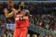 Apr 29, 2014; Chicago, IL, USA; Washington Wizards forward Nene Hilario (42) celebrates after scoring against the Chicago Bulls in the first half of game five in the first round of the 2014 NBA Playoffs at United Center. Mandatory Credit: Matt Marton-USA