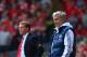 LIVERPOOL, ENGLAND - APRIL 27: Manager Brendan Rodgers of Liverpool and Jose Mourinho manager of Chelsea look on from the touchline during the Barclays Premier League match between Liverpool and Chelsea at Anfield on April 27, 2014 in Liverpool, England.