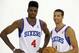 Sep 27, 2013; Philadelphia, PA, USA; Philadelphia 76ers center Nerlens Noel (4) and point guard Michael Carter-Williams (1) during a media day photo shoot at Philadelphia College of Osteopathic Medicine. Mandatory Credit: Eric Hartline-USA TODAY Sports
