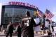 Apr 29, 2014; Los Angeles, CA, USA; Dewayne Williams of Memphis participates in a demonstration in front of Staples Center demanding the sale of the Los Angeles Clippers prior to game five of the first round of the 2014 NBA Playoffs between the Golden Sta