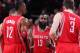 PORTLAND, OR - APRIL 25: James Harden #13 of the Houston Rockets huddles the team up against the Portland Trail Blazers in Game Three of the Western Conference Quarterfinals during the 2014 NBA Playoffs on April 25, 2014 at the Moda Center in Portland, O