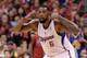 Apr 19, 2014; Los Angeles, CA, USA; Los Angeles Clippers center DeAndre Jordan (6) in the second half of game one during the first round of the 2014 NBA Playoffs against the Golden State Warriors at Staples Center. Warriors won 109-105. Mandatory Credit: