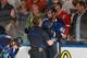 ST. LOUIS, MO - APRIL 19: David Backes #42 of the St. Louis Blues is checked out by trainer Ray Barile after being checked into the boards by Brent Seabrook #7 of the Chicago Blackhawks in Game Two of the First Round of the 2014 Stanley Cup Playoffs at th