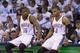 OKLAHOMA CITY, OK - April 29, 2014: (L-R) Kevin Durant #35 and Russell Westbrook #0 of the Oklahoma City Thunder during the game against the Memphis Grizzlies in Game 5 of the Western Conference Quarterfinals during the 2014 NBA Playoffs at the Chesapeak