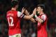 LONDON, ENGLAND - APRIL 28: Mesut Oezil of Arsenal (11) celebrates with Olivier Giroud as he scores their second goal during the Barclays Premier League match between Arsenal and Newcastle United at Emirates Stadium on April 28, 2014 in London, England.