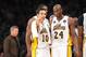 LOS ANGELES, CA - MARCH 10: Steve Nash #10 of the Los Angeles Lakers confers with teammate Kobe Bryant #24 in their game against the Chicago Bulls at Staples Center on March 10, 2013 in Los Angeles, California. NOTE TO USER: User expressly acknowledges an