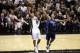 Apr 30, 2014; San Antonio, TX, USA; San Antonio Spurs guard Tony Parker (9) shoots the ball past Dallas Mavericks guard Devin Harris (20) in game five of the first round of the 2014 NBA Playoffs at AT&T Center. The Spurs won 109-103. Mandatory Credit: Soo