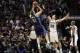 Apr 30, 2014; San Antonio, TX, USA; Dallas Mavericks player Dirk Nowitzki (41) shoots the ball over San Antonio Spurs forward Tiago Splitter (22) in game five of the first round of the 2014 NBA Playoffs at AT&T Center. The Spurs won 109-103. Mandatory Cre