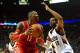 PORTLAND, OR - APRIL 25: Dwight Howard #12 of the Houston Rockets goes up for a shot over LaMarcus Aldridge #12 of the Portland Trail Blazers during the first quarter in Game Three of the Western Conference Quarterfinals during the 2014 NBA Playoffs at th