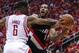 Apr 30, 2014; Houston, TX, USA; Houston Rockets forward Terrence Jones (6) is called for a foul during the second quarter as Portland Trail Blazers forward LaMarcus Aldridge (12) attempts to drive the ball to the basket in game five of the first round of
