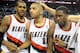 PORTLAND, OR - APRIL 27: LaMarcus Aldridge #12, Nicolas Batum #88 and Wesley Matthews #2 of the Portland Trail Blazers celebrate after Game Four of the Western Conference Quarterfinals during the 2014 NBA Playoffs at the Moda Center on April 27, 2014 in