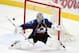 Apr 30, 2014; Denver, CO, USA; Colorado Avalanche goalie Semyon Varlamov (1) deflects away a shot against the Minnesota Wild in the second period in game seven of the first round of the 2014 Stanley Cup Playoffs at Pepsi Center. Mandatory Credit: Ron Chen