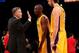 LOS ANGELES, CA - NOVEMBER 20: Head coach Mike D'Antoni of the Los Angeles Lakers celebrates with Kkobe Bryant #24 and Pau Gasol #16 after the game against the Brooklyn Nets at Staples Center on November 20, 2012 in Los Angeles, California. The Lakers wo