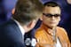 LOS ANGELES, CA - APRIL 26: Marcos Maidana talks to the media to preview the fight against Floyd Mayweather at StubHub Center on April 26, 2014 in Los Angeles, California. (Photo by Joe Scarnici/Getty Images)