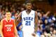 DURHAM, NC - NOVEMBER 08: Amile Jefferson #21 of the Duke Blue Devils during their game at Cameron Indoor Stadium on November 8, 2013 in Durham, North Carolina. (Photo by Streeter Lecka/Getty Images)