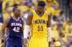 INDIANAPOLIS, IN - APRIL 19: Roy Hibbert #55 of the the Indiana Pacers walks with his head down after a foul in the 101 -93 loss to the Atlanta Hawks in Game 1 of the Eastern Conference Quarterfinals during the 2014 NBA Playoffs at Bankers Life Fieldhous