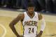 Apr 28, 2014; Indianapolis, IN, USA; Indiana Pacers forward Paul George (24) during the first quarter in game five of the first round of the 2014 NBA Playoffs against the Atlanta Hawks at Bankers Life Fieldhouse. Mandatory Credit: Pat Lovell-USA TODAY Spo