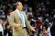 Apr 26, 2014; Atlanta, GA, USA; Indiana Pacers head coach Frank Vogel reacts after a play against the Atlanta Hawks during the first half in game four of the first round of the 2014 NBA Playoffs at Philips Arena. Mandatory Credit: Dale Zanine-USA TODAY Sp
