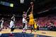 ATLANTA, GA - MAY 1: David West #21 of the Indiana Pacers shoots the ball during Game Six of the Eastern Conference Quarterfinals against Elton Brand #42 of the Atlanta Hawks on May 1, 2014 at Philips Arena in Atlanta, Georgia. NOTE TO USER: User express
