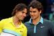 MADRID, SPAIN - MAY 17: Roger Federer of Switzerland (R) and Rafael Nadal of Spain share a moment during the prize giving ceremony after the mens final during the Madrid Open tennis tournament at the Caja Magica on May 17, 2009 in Madrid, Spain. (Photo