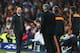 MADRID, SPAIN - APRIL 23: Josep Guardiola, coach of Bayern Muenchen shows his frustration to Carlo Ancelotti, coach of Real Madrid during the UEFA Champions League semi-final first leg match between Real Madrid and FC Bayern Muenchen at the Estadio Santi