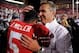 COLUMBUS, OH - OCTOBER 6: Head Coach Urban Meyer hugs quarterback Braxton Miller #5 of the Ohio State Buckeyes after the Buckeyes defeated the Nebraska Cornhuskers 63-38 at Ohio Stadium on October 6, 2012 in Columbus, Ohio. (Photo by Jamie Sabau/Getty I