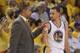 May 1, 2014; Oakland, CA, USA; Golden State Warriors head coach Mark Jackson (left) talks to guard Stephen Curry (30) against the Los Angeles Clippers during the fourth quarter in game six of the first round of the 2014 NBA Playoffs at Oracle Arena. The W