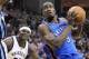 Apr 26, 2014; Memphis, TN, USA; Oklahoma City Thunder forward Serge Ibaka (9) drives to the basket past Memphis Grizzlies forward Zach Randolph (50) during game four of the first round of the 2014 NBA Playoffs at FedExForum. Thunder defeated the Grizzlies
