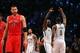 May 2, 2014; Brooklyn, NY, USA; Brooklyn Nets center Kevin Garnett (2) and center Andray Blatche (0) react as Toronto Raptors center Jonas Valanciunas (17) also reacts during the third quarter of game six of the first round of the 2014 NBA Playoffs at Bar