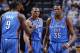MEMPHIS, TN - MAY 1: Kevin Durant #35 and Russell Westbrook #0 of the Oklahoma City Thunder react against the Memphis Grizzlies during Game Six of the Western Conference Quarterfinals of the 2014 NBA Playoffs on May 1, 2014 at FedEx Forum in Memphis, Tenn