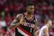 Apr 23, 2014; Houston, TX, USA; Portland Trail Blazers forward Dorell Wright (1) reacts after making a basket during the fourth quarter against the Houston Rockets in game two during the first round of the 2014 NBA Playoffs at Toyota Center. The Trail Bla