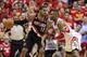 Apr 30, 2014; Houston, TX, USA; Portland Trail Blazers forward LaMarcus Aldridge (12) controls the ball during the fourth quarter as Houston Rockets center Dwight Howard (12) defends in game five of the first round of the 2014 NBA Playoffs at Toyota Cente