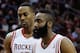 HOUSTON, TX - MARCH 01: Dwight Howard #12 and James Harden #13 of the Houston Rockets walk across the court during the game against the Detroit Pistons at the Toyota Center on March 1, 2014 in Houston, Texas. NOTE TO USER: User expressly acknowledges and
