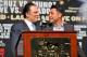 LAS VEGAS, NV - MAY 01: CEO of Golden Boy Promotions Richard Schaefer (L) introduces President of Golden Boy Promotions Oscar De La Hoya at the final news conference for the bout between Floyd Mayweather Jr. and Robert Guerrero at the MGM Grand Hotel/Cas