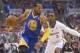 May 3, 2014; Los Angeles, CA, USA; Golden State Warriors forward Andre Iguodala (9) is defended by Los Angeles Clippers guard Chris Paul (3) in game seven of the first round of the 2014 NBA Playoffs at Staples Center. Mandatory Credit: Kirby Lee-USA TODAY