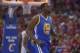 May 3, 2014; Los Angeles, CA, USA; Golden State Warriors forward Draymond Green (23) celebrates at the end of the first quarter against the Los Angeles Clippers in game seven of the first round of the 2014 NBA Playoffs at Staples Center. Mandatory Credit: