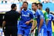 LONDON, ENGLAND - MAY 04: John Terry (R) and Branislav Ivanovic (C) of Chelsea react as match referee Neil Swarbrick turns down a penalty appeal during the Barclays Premier League match between Chelsea and Norwich City at Stamford Bridge on May 4, 2014 i